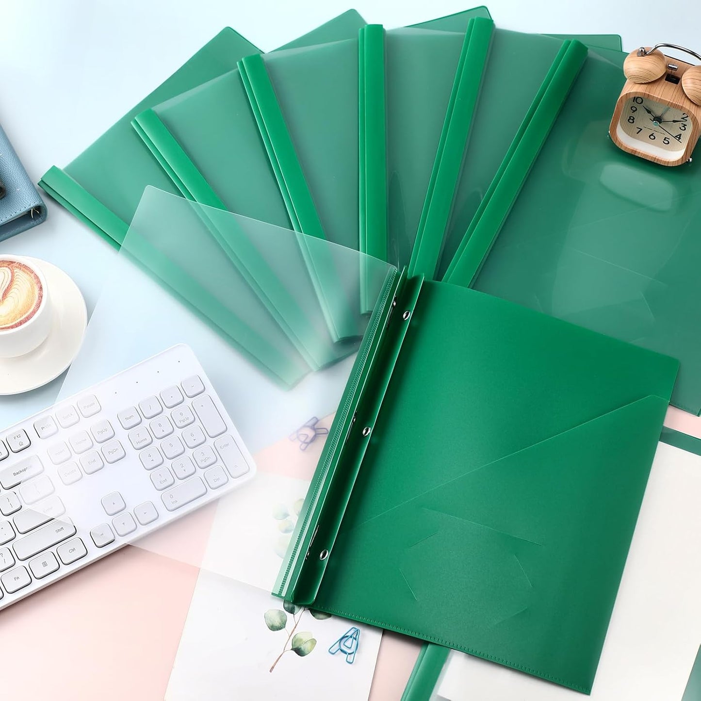 Patelai 48 Pcs Plastic Folders with 2 Pockets and 3 Prongs Home Folders with Card Slot Letter Size Heavy Duty Report Covers for Back to School(Green,Simple Style)