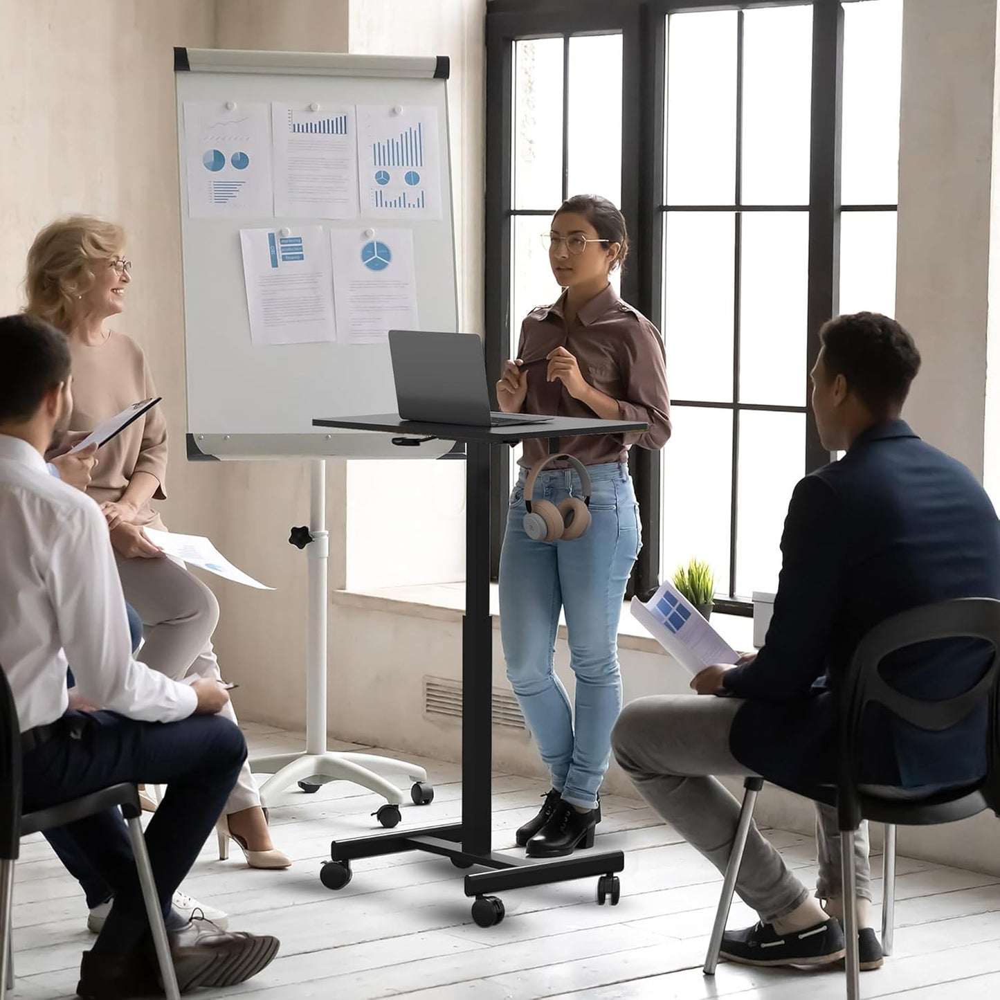 Mobile Small Standing Desk, Gas Spring Adjustable Height Rolling Portable Laptop Desk with Lockable Wheels/Laptop Stand/Hook Rolling Podium (Carbon Fiber Top + Black Frame, 18''×26'')