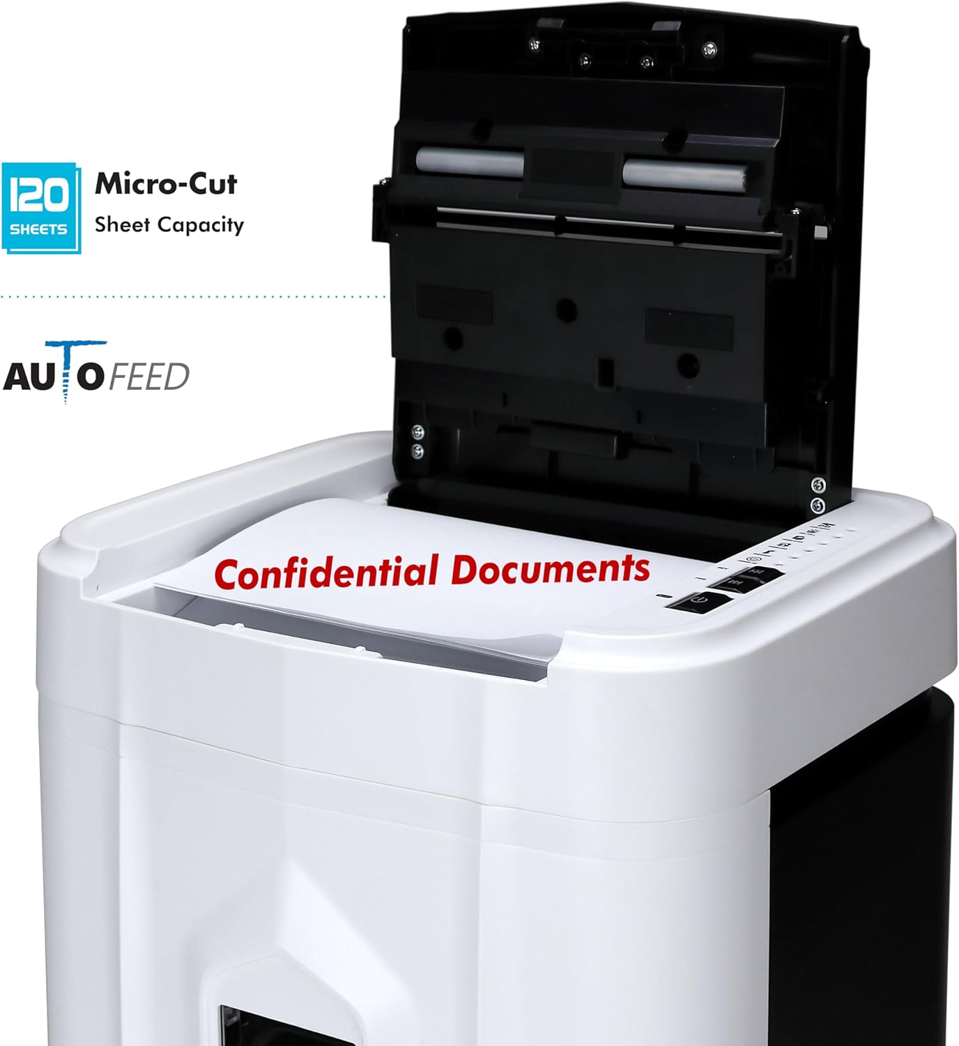 Aurora Professional Grade 120-Sheet Auto Feed Micro-Cut Paper and Credit Card Shredder with 5 Gallon Pullout Basket / 30 Minutes/Security Level P-4 (White/Black)
