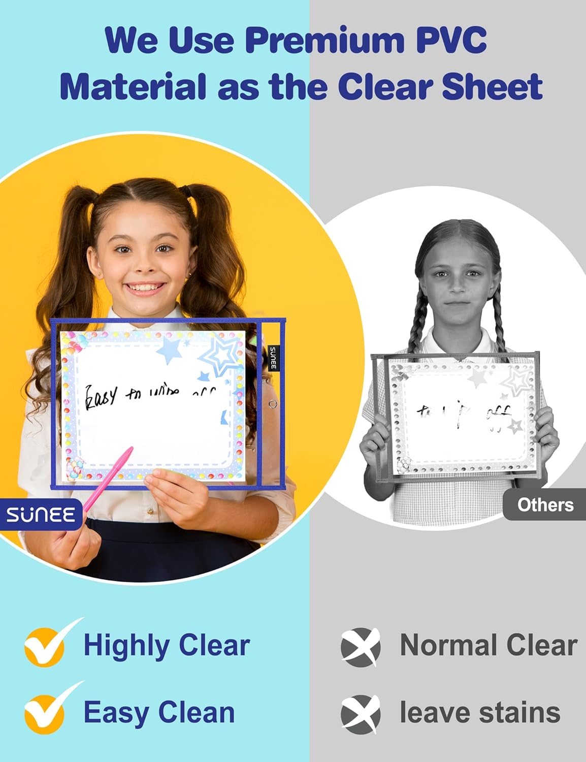 SUNEE 6 Packs Oversized Reusable Dry Erase Pocket Sleeves with Binder Ring, 6 Assorted Colors 10x14 Ticket Holders, Clear Plastic Sheet Protectors, Teacher School Classroom Supplies