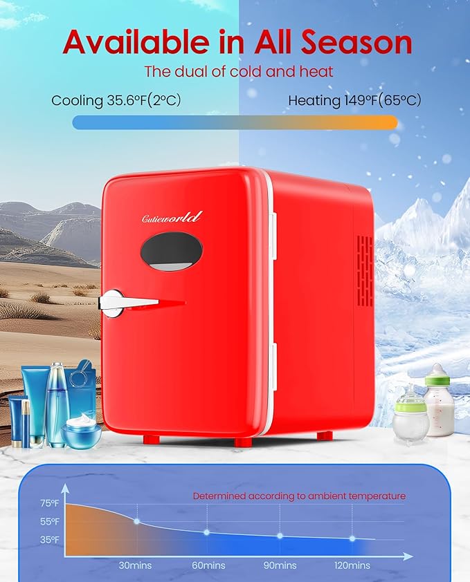 Skincare Fridge - 4L Mini Fridge for Bedroom, Office and Car, for Refrigerating Makeup, Skincare and Food, Cooler and Warmer, Beverage Cooler, Red