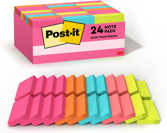 Post-it Mini Notes, 1 3/8 x 1 7/8 in, 24 Pads, America's #1 Favorite Sticky Notes, Poptimistic Post-it Notes, Post-it Notes, Power Pink, Aqua Blue, Vital Orange, Neon Green, Guava Pink
