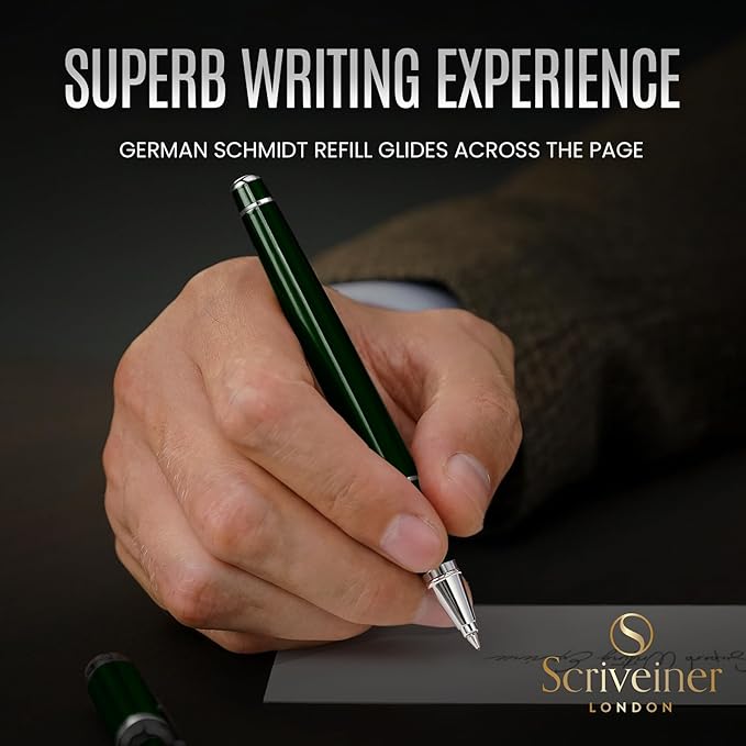 Scriveiner British Racing Green Rollerball - Stunning Luxury Pen With Chrome Finish, Schmidt Ink Refill, Best Roller Ball Pen Gift Set for Men & Women, Professional, Executive Office, Nice Pens