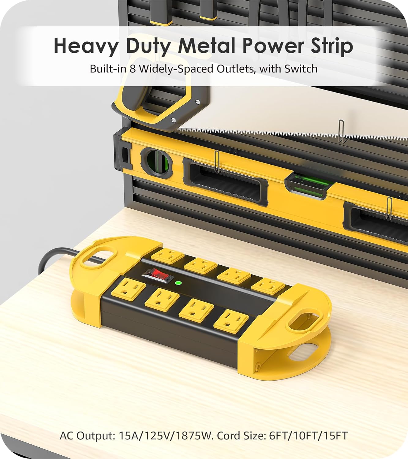 CCCEI Heavy Duty Power Strip Surge Protector, Metal 8 Outlets Power Strip for Appliance. Garage Shop Industrial Workbench 15 AMP Outlets Strip. 10FT Extension Cord. Set