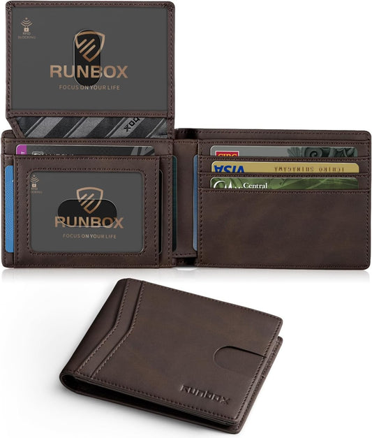RUNBOX Wallet for Men Slim Rfid Leather 2 ID Window With Gift Box