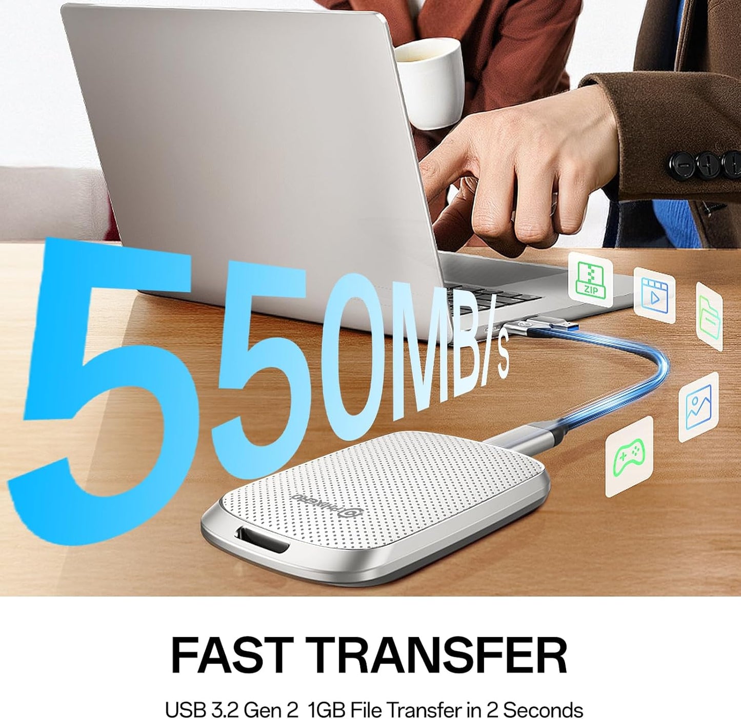 PHIXERO P5PLUS Portable SSD 128GB Up to 550MB/s, USB 3.2 Gen 2 External Solid State Drive，USB C to C&A for Smartphone，Tablet，PC，Labtop (White)