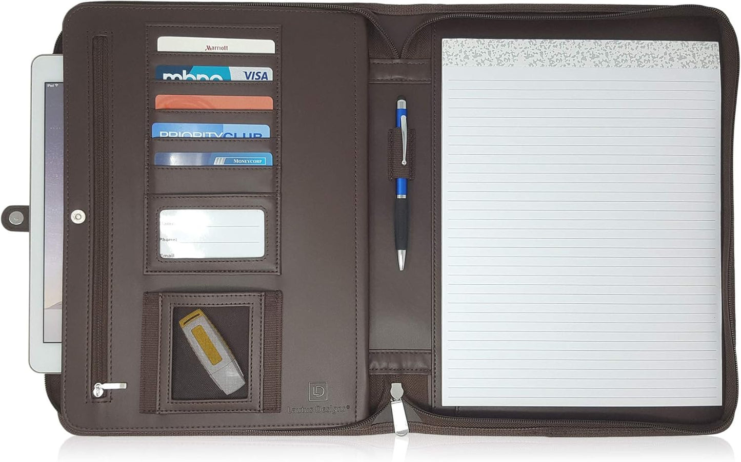 Dark Brown Zippered Portfolio Binder - PU Leather Business Portfolio Organizer - Padfolio for Men & Women with US Letter Notepad, 10.5 Inch Tablet Pocket & Gift Box by Lautus Designs