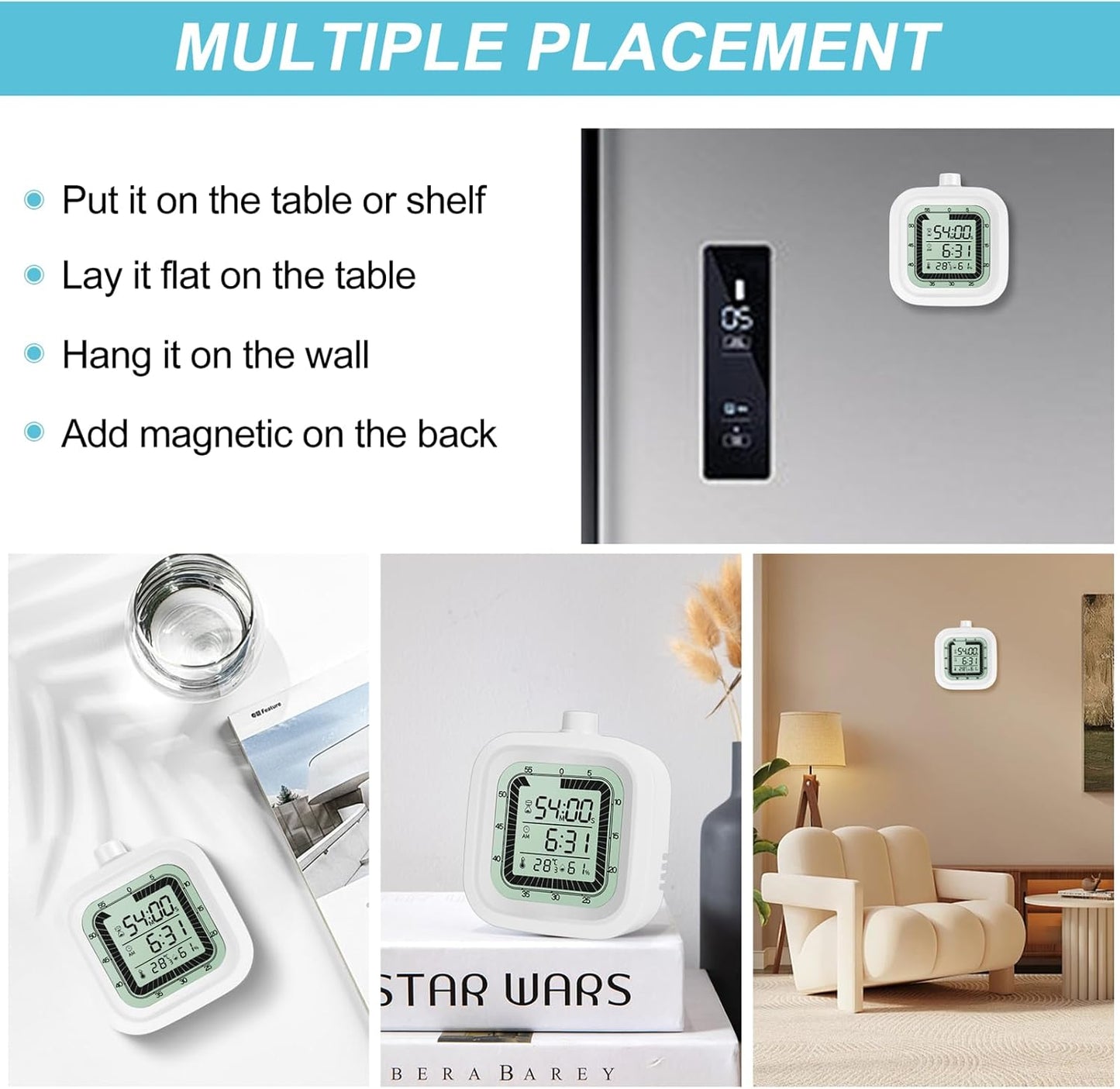 Visual Timer for Kids Kitchen Timer Alarm Clock Countdown Count-up 60 Minutes Shower Room Clock Training Manager time with Digital Thermometer Hygrometer White