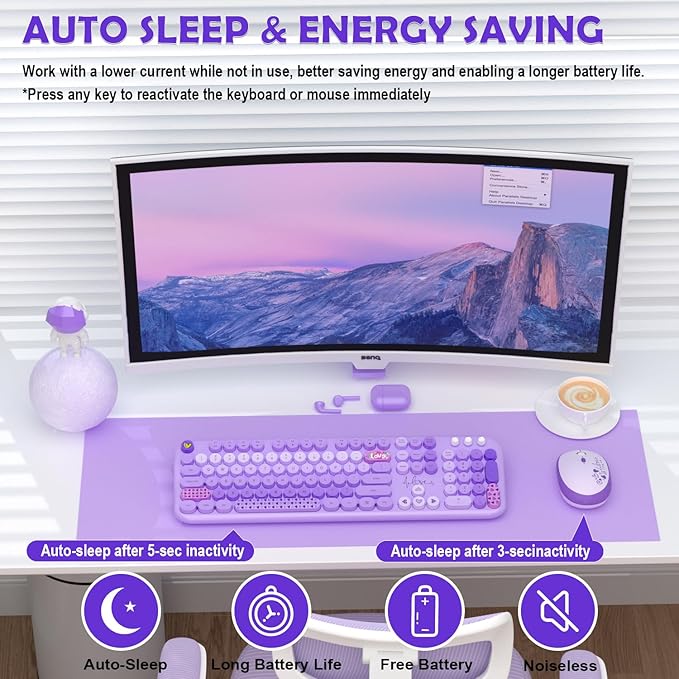 MOFII Keyboard and Mouse Wireless, 104 Round Keys Lovely Full-Size Cute Colorful Keyboard and Mouse with Retro Typewriter for PC/Mac/Laptop/Tablet/Computer/Windows Purple