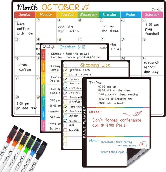 Magnetic Dry Erase Monthly Calendar Set - 14.5"x11" Monthly Calendar, 6.5"x8.5" Weekly, Daily, List Boards for Fridge - 6 Extra Fine Point Markers Included - Shipped Flat