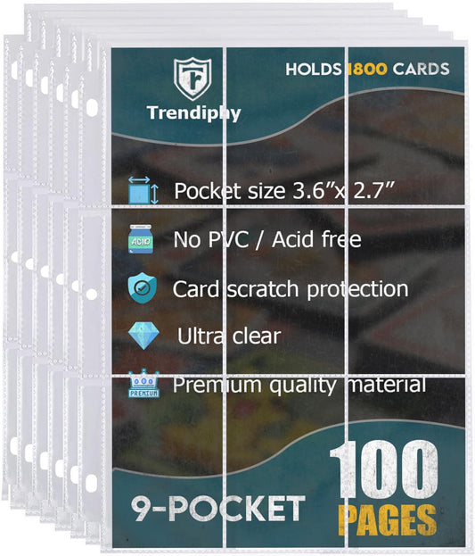 1800 Pockets Trading Card Sleeves, Premium 9-Pocket 100 Pages, Double-Sided Baseball Binder Sleeves, Protectors Binder Sheets for TCG Card Storage - Fits 3 Ring Binder (100 Sheets)