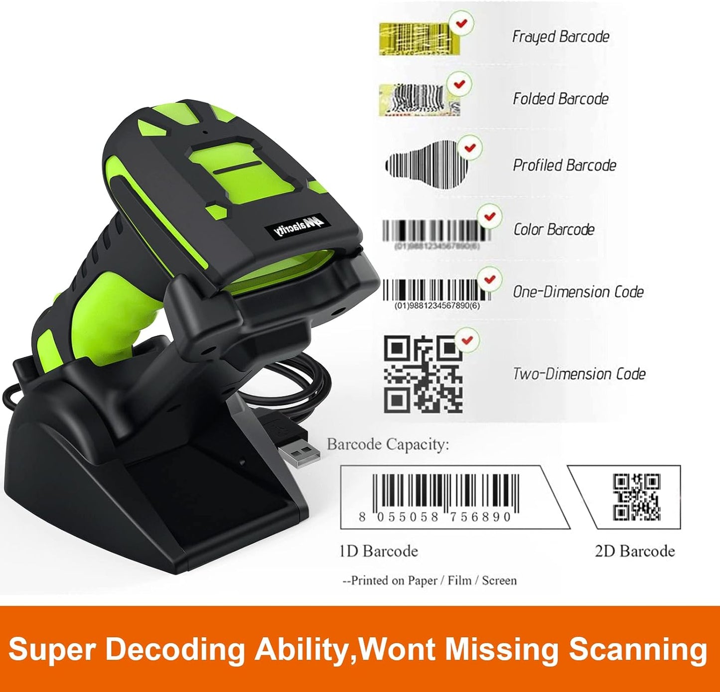 Alacrity 2D Industrial Wireless Barcode Scanner with Charging Stand, Bluetooth Drop Resistant, 1968 Feet Transmission Distance 433Mhz QR 1D Bar Code Reader