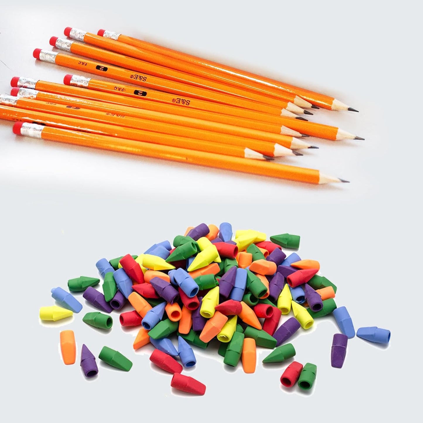 S & E TEACHER'S EDITION 220Pcs Pencils & Erasers Tops Set, 172 Pcs Pre-sharpened pencils No. 2, with 48Pcs Eraser Caps, #2 HB pencil sharpened, Back to school, 220/Box.