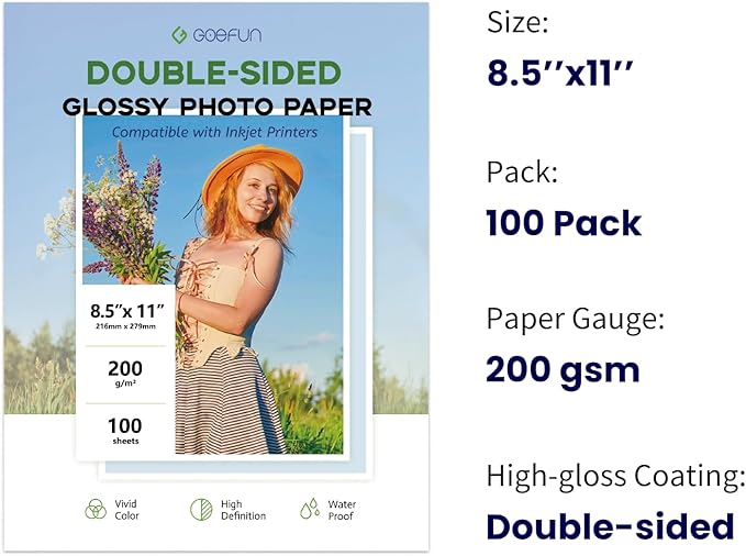 Double Sided Glossy Photo Paper 8.5x11 100 Sheets, Goefun 200GSM/54LB Inkjet Printer Paper 8.5 x 11 Glossy for Crafting, Chip Bags, Calendars, Menus, Cards and Invitations
