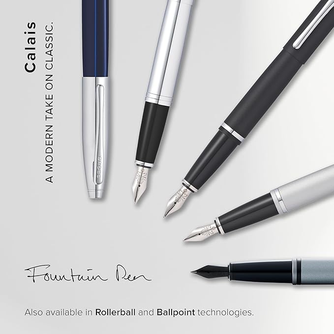 Cross Calais Refillable Fountain Presented in a Luxury Gift Box - Medium Point, Black Ink, Chrome & Blue