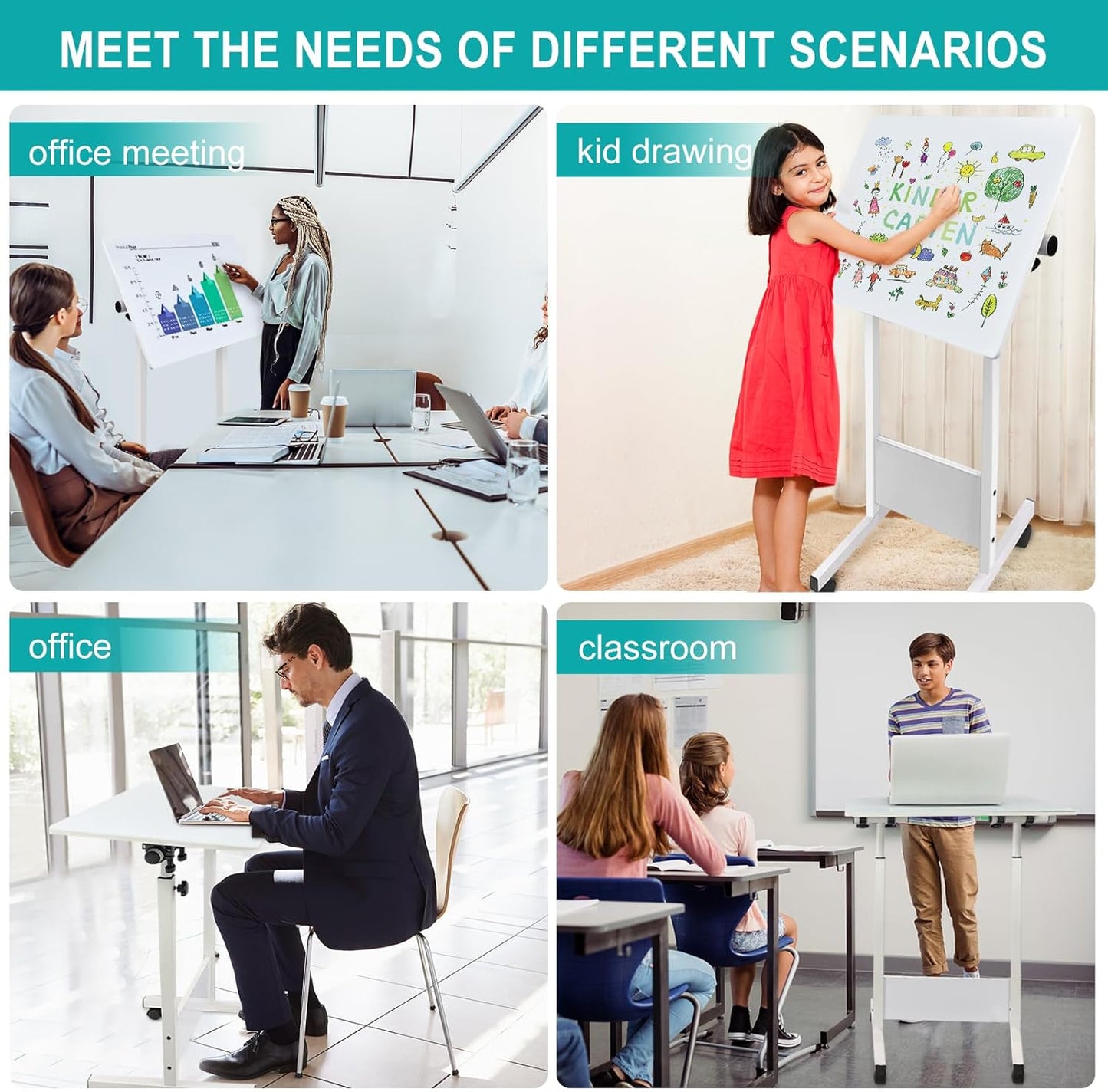 KOUPA Adjustable Height Standing Desk, Writable Tempered Glass Desktop with Eraser, 360° Flip, Wheels – Ideal for Small Spaces and Home Offices, 24 in, White(Adjustable Height: 32-47 in)