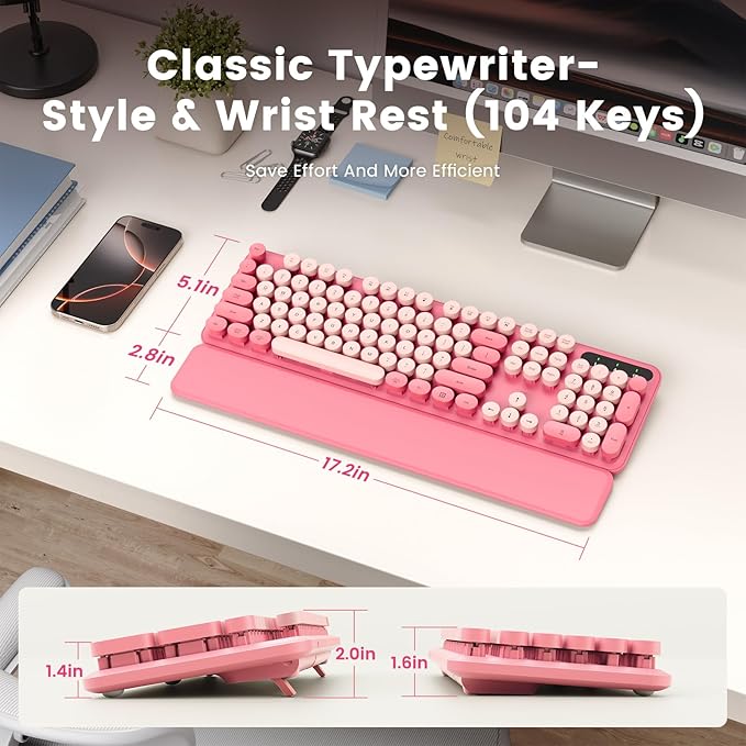 Wireless Keyboard, Round Keycaps, Retro Typewriter Keyboard with Detachable Wrist Rest, Sleep Mode, Foldable Legs, 2.4GHz Full-size Cordless Computer Keyboard for Windows/PC/Laptop (Baby Pink)