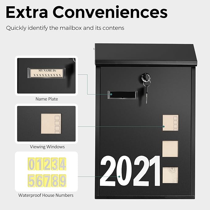 LAND·VOI Wall Mounted Mailbox with 4 Keys, Post Box for Wall and Fence, Viewing Windows, Nameplate, 3.94 x 9.8 x 15.6 Inches, Large Capacity, Includes Mailbox Numbers, Matt Black, AMB31B