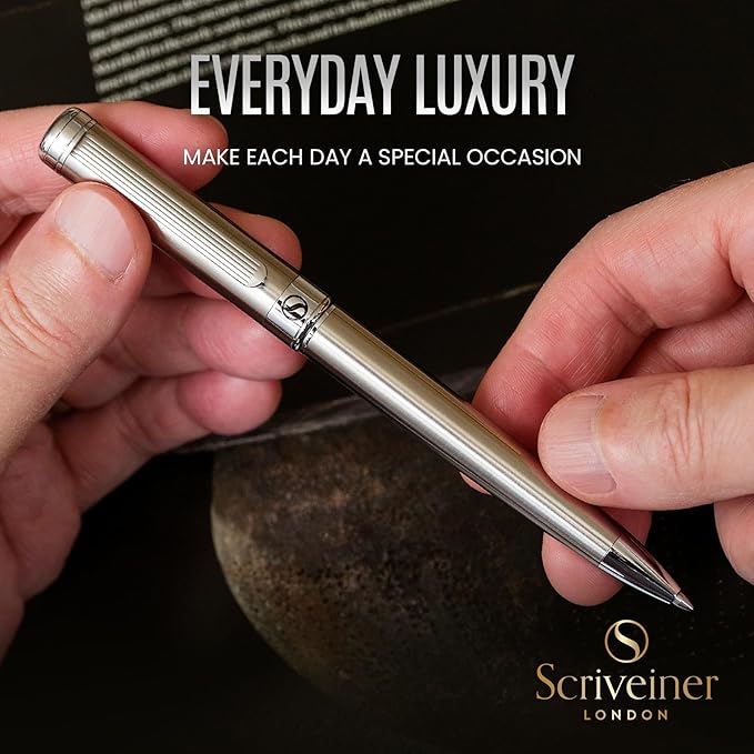 Scriveiner Stainless Steel Ballpoint Pen - Stunning Luxury Pen with Stainless Steel Finish, Schmidt Black Refill, Best Ball Pen Gift Set for Men & Women, Professional, Executive, Office, Nice Pens
