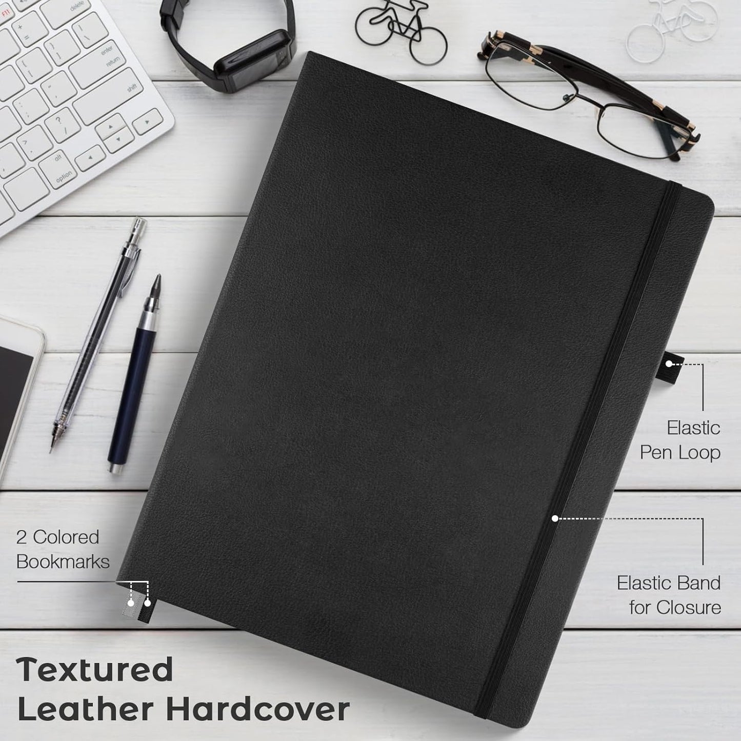 College Ruled Notebook, A4 Hardcover Leather Notebook for Work, Lined Notebook Journal for Women, Men, 192 Thick Paper, Lay Flat, Large Notebook with 2 Pockets, Professional Business Notebook, Black