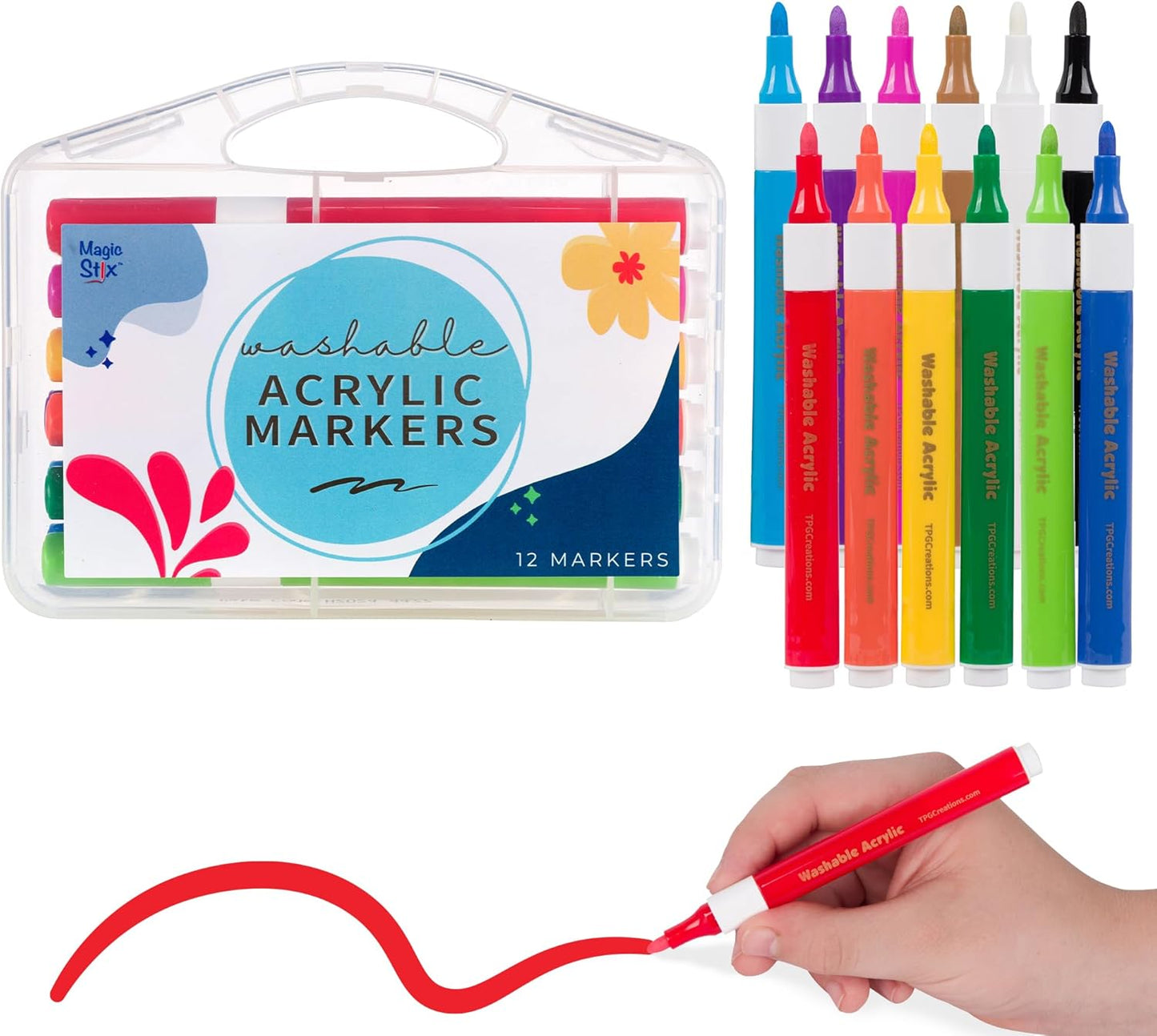 The Pencil Grip Magic Stix Washable Acrylic Markers for Kids and Teens, 12 Non-Toxic Colors, Allergen-Free, Vibrant Paint Pens for Crafting and DIY