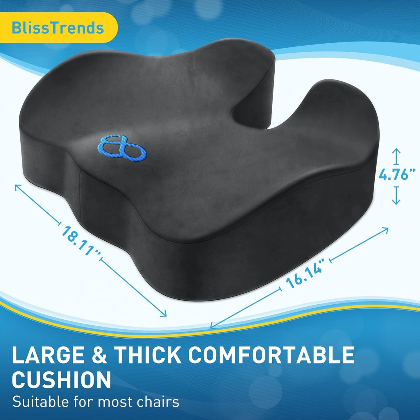 BlissTrends Seat Cushion,Thick Memory Foam Cushions for Office Chair, Car Seat, Airplane, Relieving Pressure Tailbone Sciatica Back Pain for Long Sitting Office Workers, Car Drivers 4.7in Thick Grey