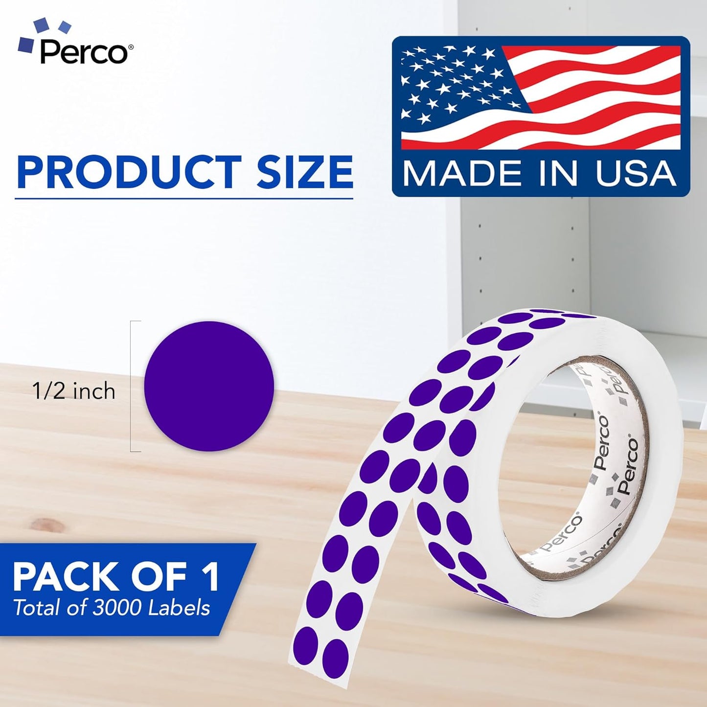 Perco Purple 1/2-Inch Round Circle Dot Sticker Labels with Permanent Adhesive - 3,000 Labels per Roll - Vibrant Colors, Strong Adhesion - Made in USA