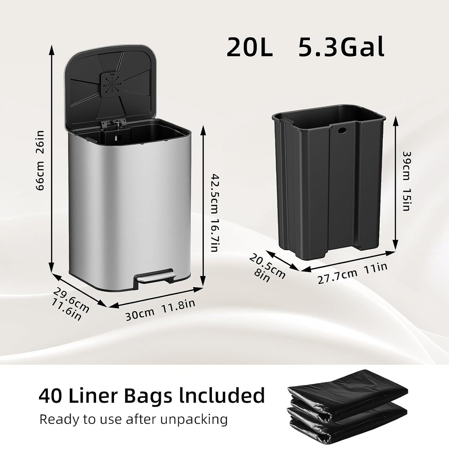 KUK 5.3 Gallon Kitchen Trash Can with Lid, Heavy Duty Hands-Free Stainless Steel Commercial Step Trash Bin with Removable Inner Bucket, Pedal Rubbish Bin for Home Office and Kitchen, 20L/5.3Gal