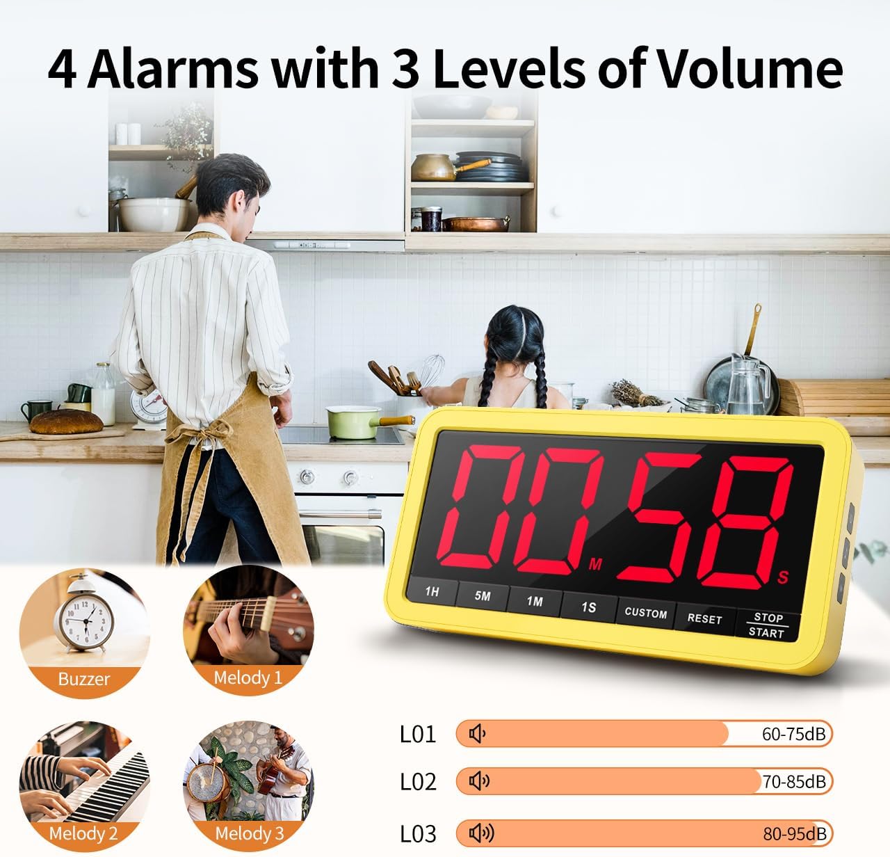 VOCOO Digital Kitchen Timer with 7.8” Extra Large Display, Magnetic, 3 Brightness, 4 Alarms and 3 Volume Levels, Battery Countdown Count Up Timer for Cooking, Classroom, Home Gym (Yellow)