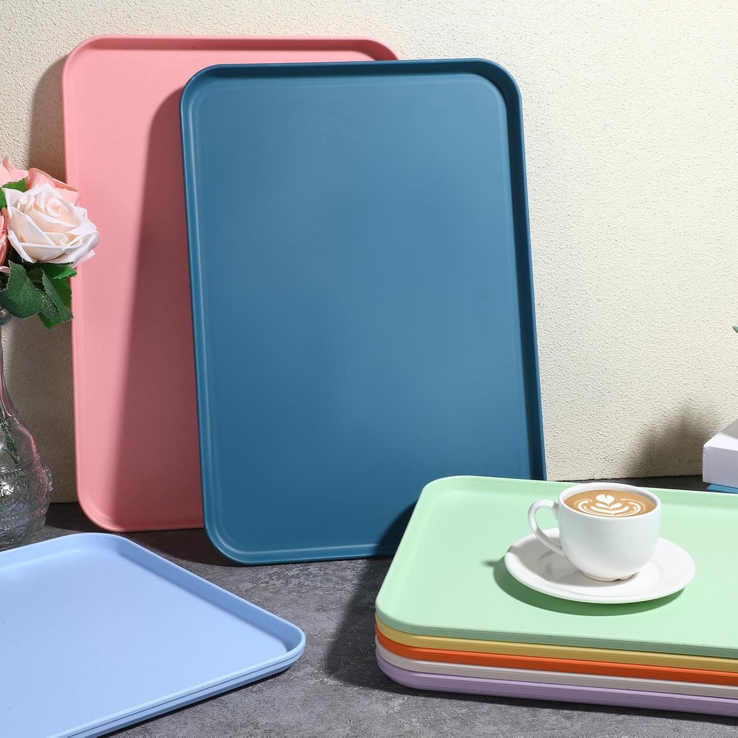 8 Pack Plastic Art Trays Plastic Fast Food Trays Bulk 15 x 10.6 Inch Stackable Activity Crafts Organizer Tray Rectangular Lunch Tray for DIY Projects, Painting, Beads, Organizing Supply, 8 Color