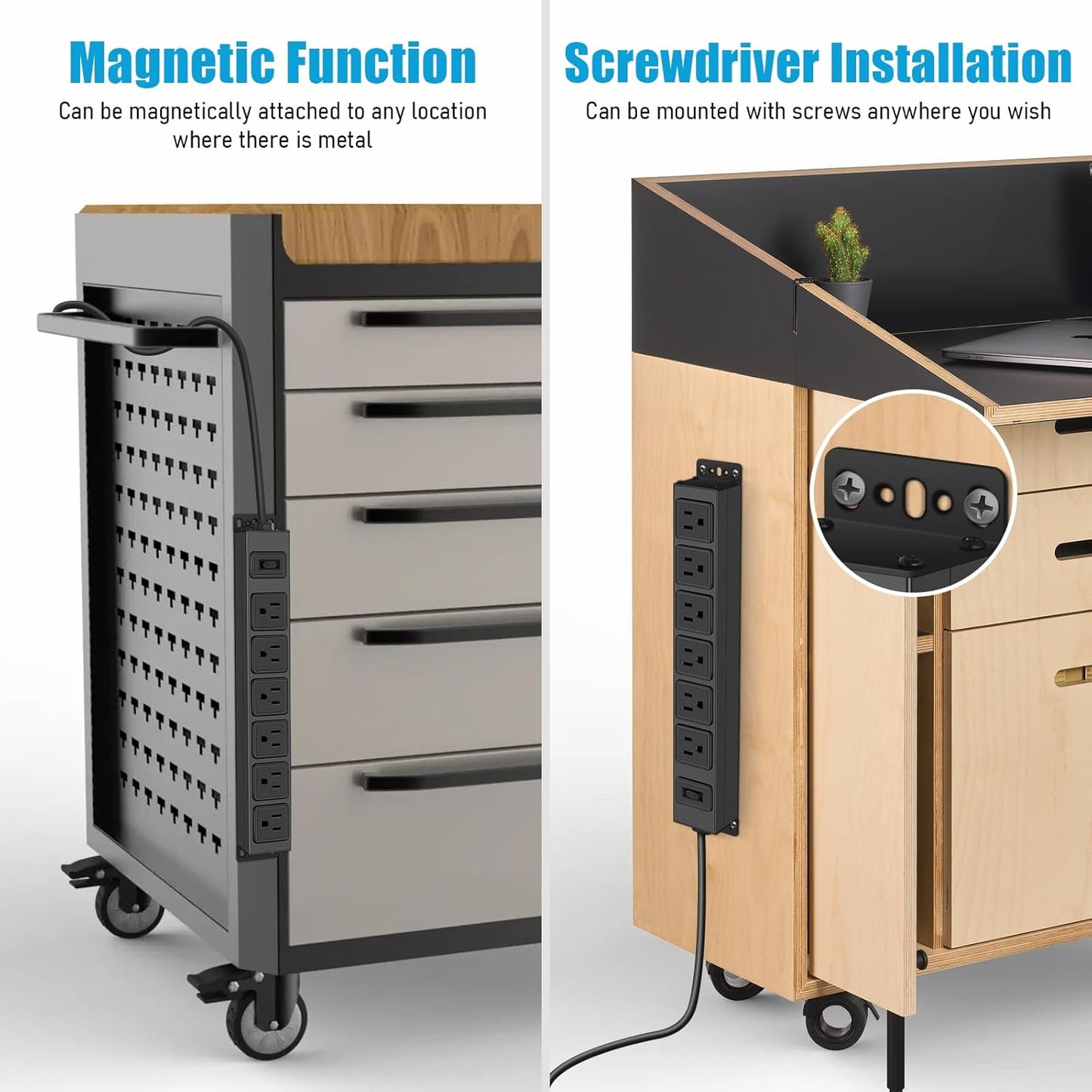 Magnetic Wall Mount Power Strip, Under Desk 6 Outlet Mountable Socket, Metal Long Heavy Duty Surge Protector for Garage, Gaming Table Or Workspace, 3FT Extension Cord.