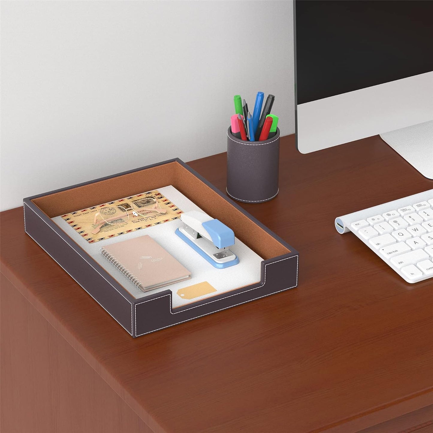 Leather Letter Tray, Thipoten Elegant Desk Organizer for Office Supplies, Mail, Paper, File, Magazine, Perfect Office Organization for Desktop(Brown)