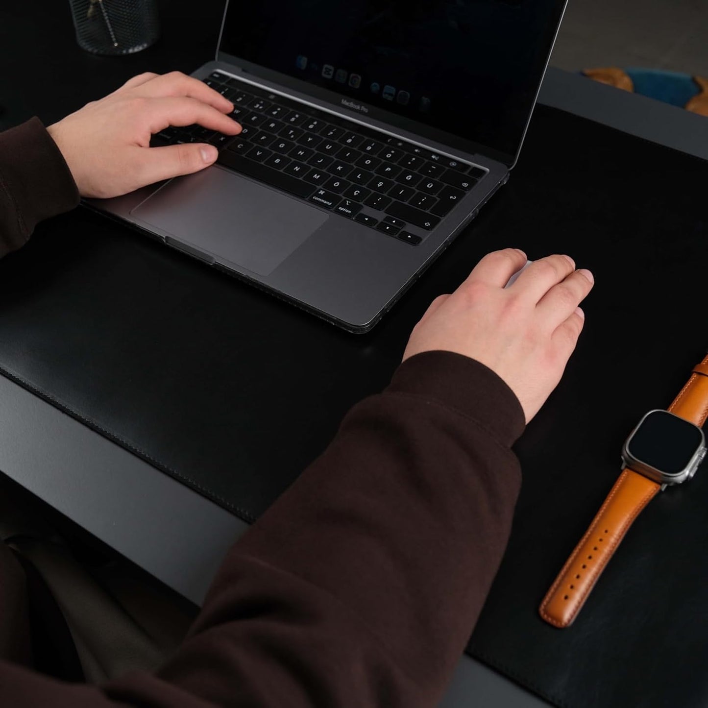 Jersey Genuine Calfskin Leather Desk Pad, Office Desk Mat with Non-Slip Bottom, Smooth Surface for Mouse & Keyboard, Desk Protector (14.6x31.5 inches) (Black)