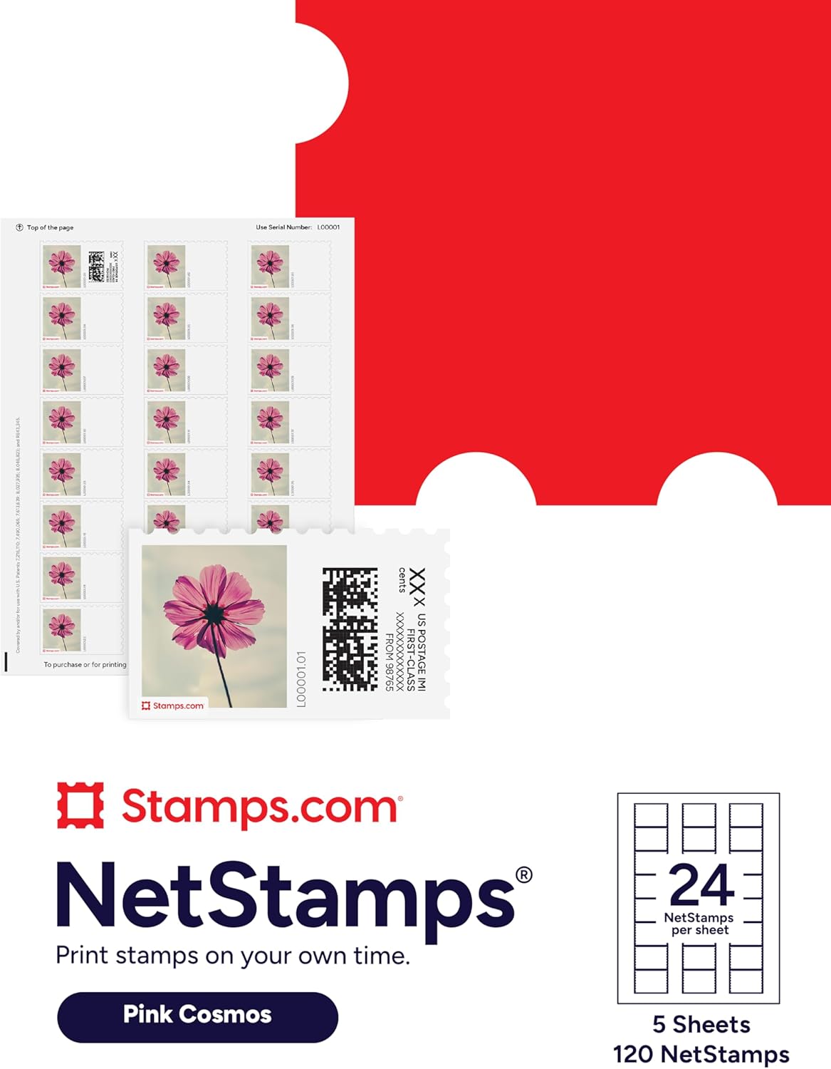 Pink Cosmos NetStamps 120-Pack (5 Sheets) Printable Postage Labels (Stamps.com Subscription Required) - Print Approved Postage - Inkjet & Laser Printers - Business, Personal, Home