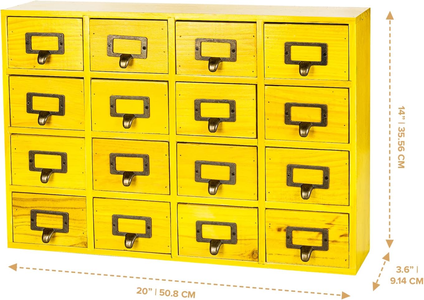 Yellow 16-Slot Wooden Drawer Unit - Country Style Desk Organizer - 20"x3.6”x14” Wooden Storage Box w/ 16 Drawers - Countertop Drawers w/Label Holder & Handle - Slim 4-Level Desk Organizer