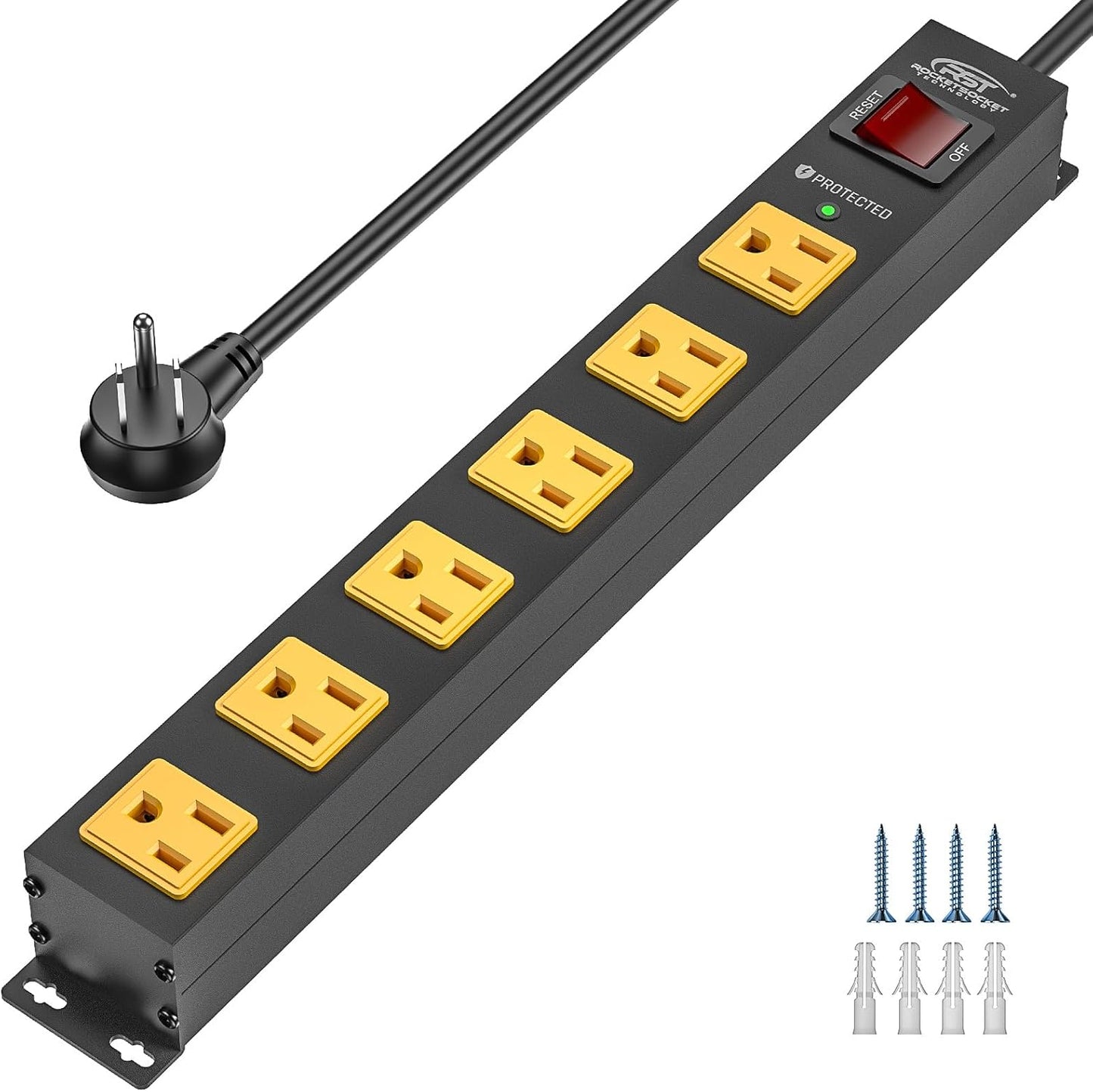 CRST 6 Outlet Surge Protector Power Strip 2100J with Switch, 15A/1875W Metal Heavy Duty Power Strip, Wide Spaced Wall Mount Power Bar for Garage Worshop Home School, 6 FT Cord（ Black+Yellow）