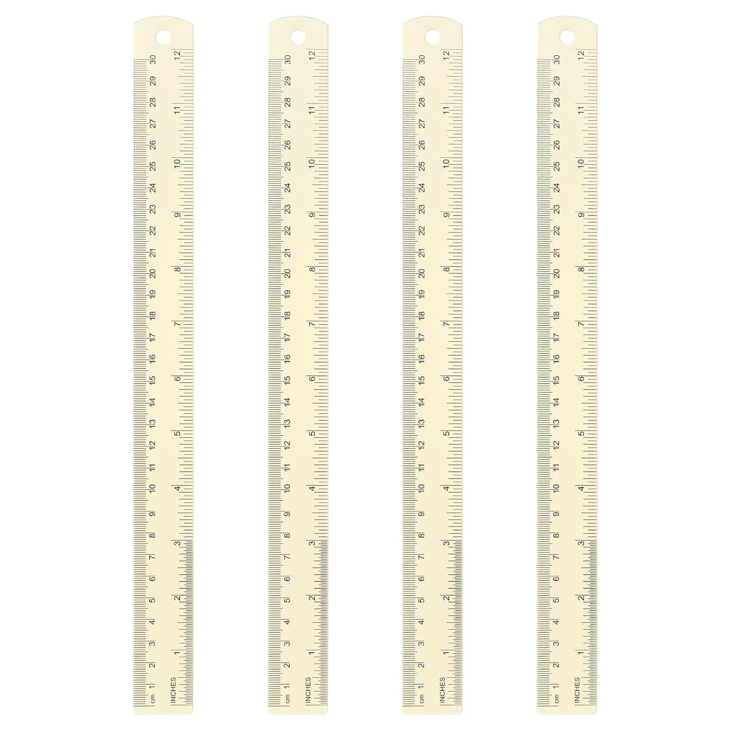 HARFINGTON 4pcs Metal Straight Ruler 30cm Metric SAE Aluminum Alloy Measuring Rulers Scale Tool with Hole for Measure Study Reading Classroom Office, White