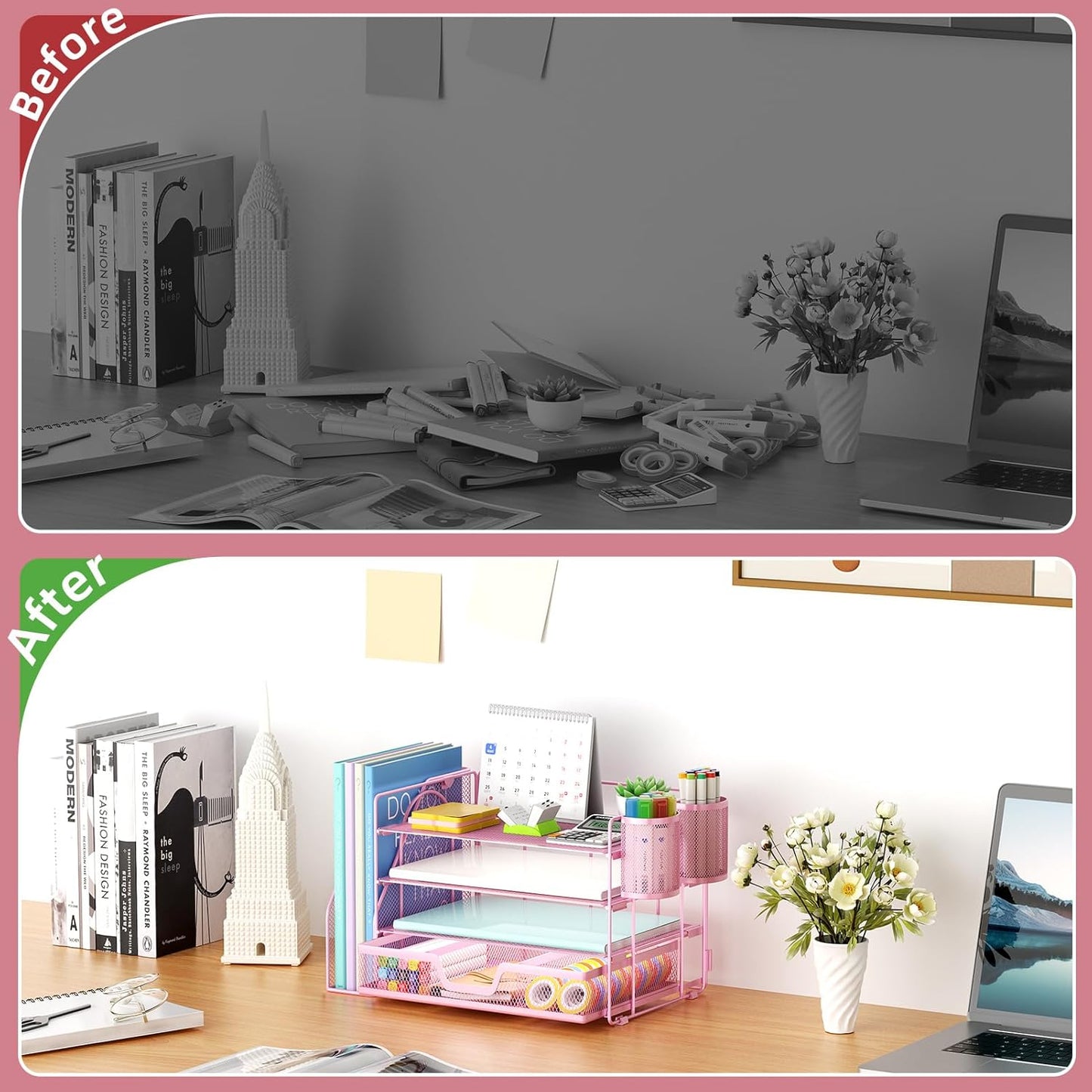 Marbrasse Desk Organizer and Accessories，4-Tier Paper Letter Tray Organizer with File Holder, Workspace Desk Organizers Accessories with Drawer and 2 Pen Holder (Pink, 15.4" x 9.1" x 8.3")