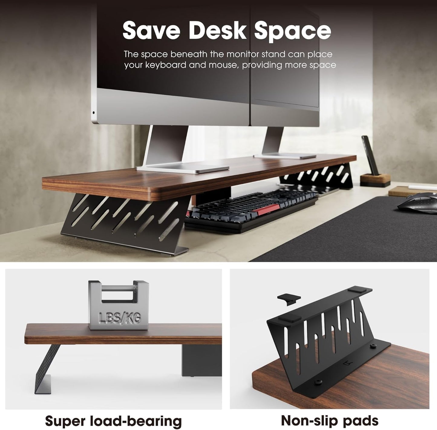 Fenge Dual Monitor Stand Riser, 42.5 Inch Desk Top Shelf for 2 Monitors, Computer Stands for Desk, Wood & Steel Desktop Riser for Laptop, PC, Printer