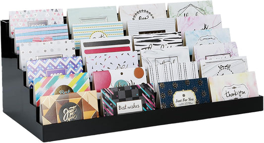 Acrylic Business Card Holder for Desk Multiple Business Card Holders 28 Slot 7 Tier Large Business Card Organizer Business Card Display Rack Black Plastic Business Card Stand for Home Office