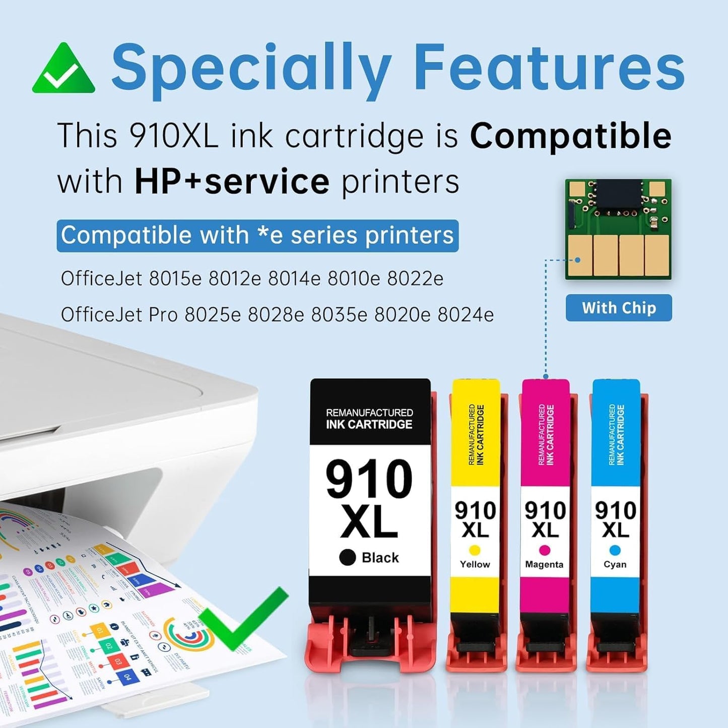910 XL 910XL Ink Cartridges Combo Pack High Yield Replacement for HP 910XL Ink Cartridges for OfficeJet 8015e 8010 OfficeJet Pro 8025e 8020 8028e, 4-Pack