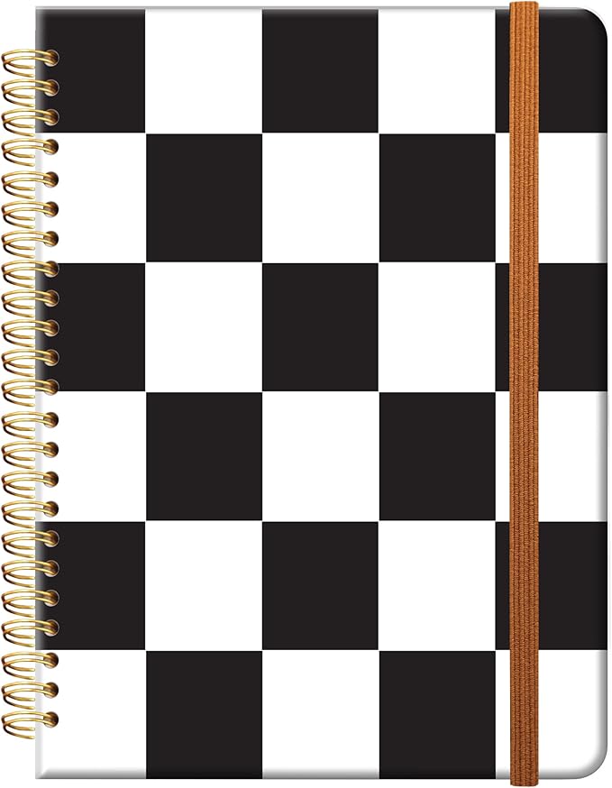 Ruled Spiral Writing Notebook,A5 Hardcover Lined College Journal for Women Lady,Fashion Puppy Watercolor Strong Twin-Wire Binding with Premium Paper,8.4" X 6",Perfect for School,Office,Home Gifts(Black White Checker)