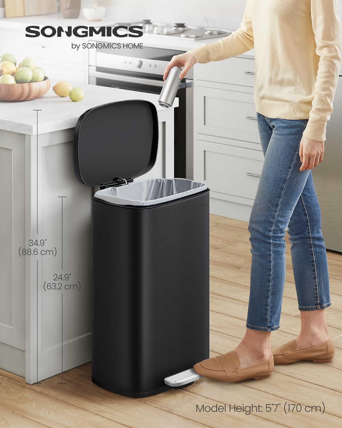 SONGMICS 13 Gallon (50 L) Trash Can, Stainless Steel Kitchen Garbage Can, Recycling or Waste Bin, Soft Close, Step-On Pedal, Removable Inner Bucket, Black ULTB050B01