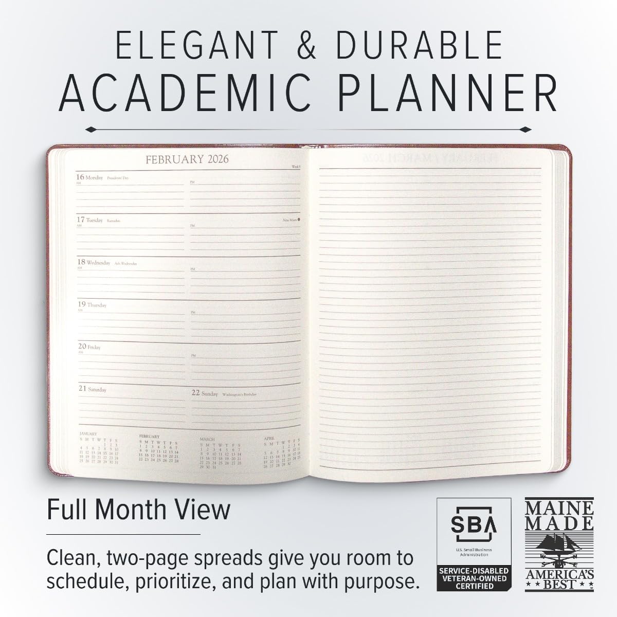 Gallery Leather Academic Planner 2025-2026, Teacher and Student Weekly Monthly Planner, Elegantly Bound Calendar with Gold-Gilded Page Edges, 18 Months - Acadia Tan - 9x7"