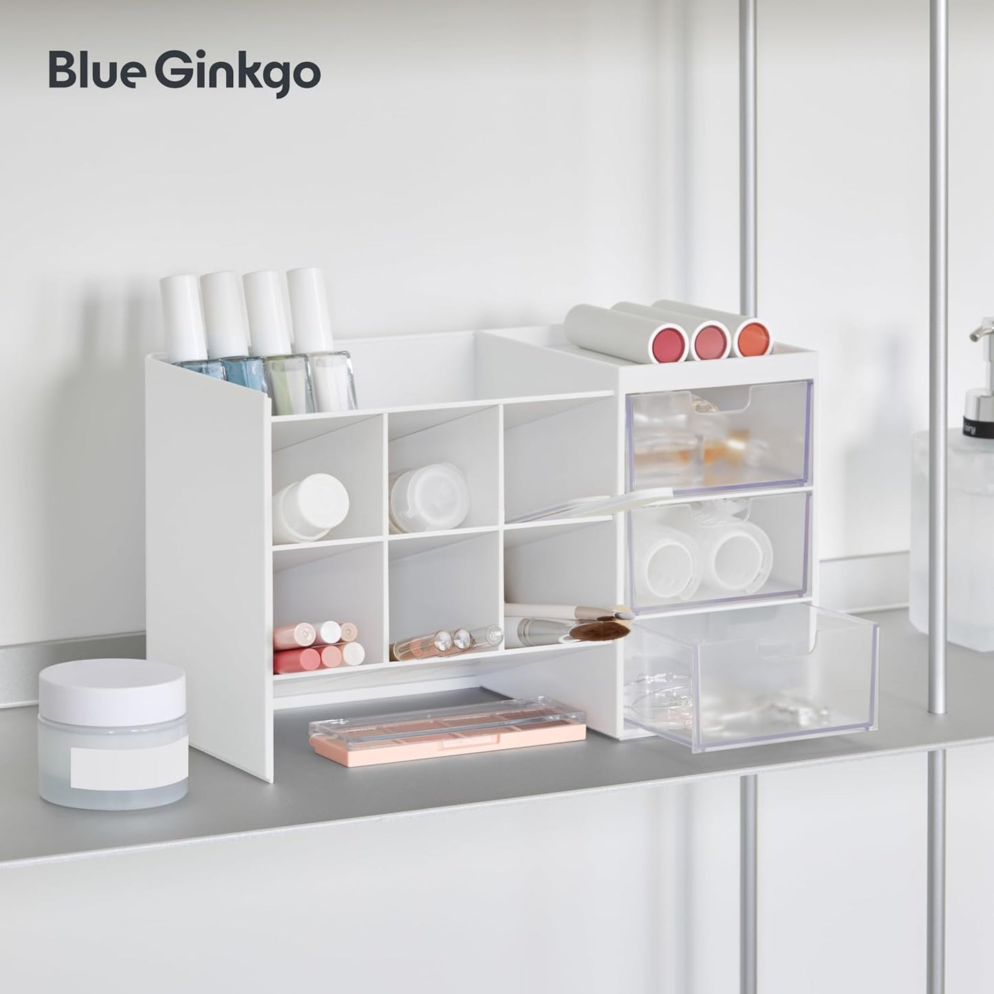 BLUE GINKGO Hive Stack Desk Organizer – Stackable Pen Holder, Stationary Organizer with Drawers - Office Storage, School Supplies, Makeup (Made in Korea, White Transperent)