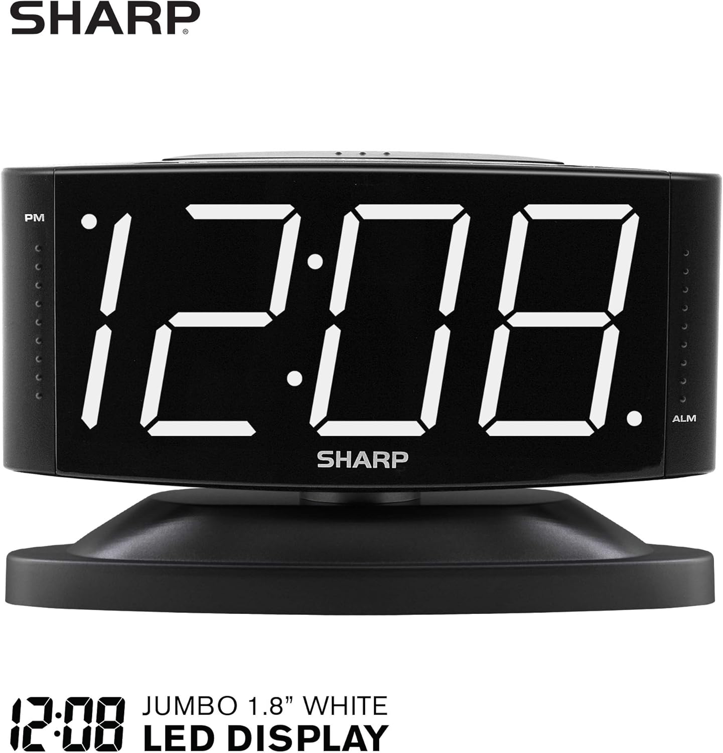 Sharp Home LED Digital Alarm Clock – Swivel Base - Outlet Powered, Simple Operation, Alarm, Snooze, Brightness Dimmer, Big White Digit Display, (Black-White LED)