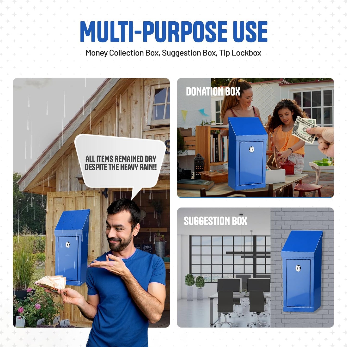 Metal Donation Box-Suggestion Box with Slot and lock-Cash Lock box for Money-Waterproof Drop Box-Comment and ballot voting box-comes with pre-drilled holes for easy wall mounting 10 X 6 X 2.5"(Blue)