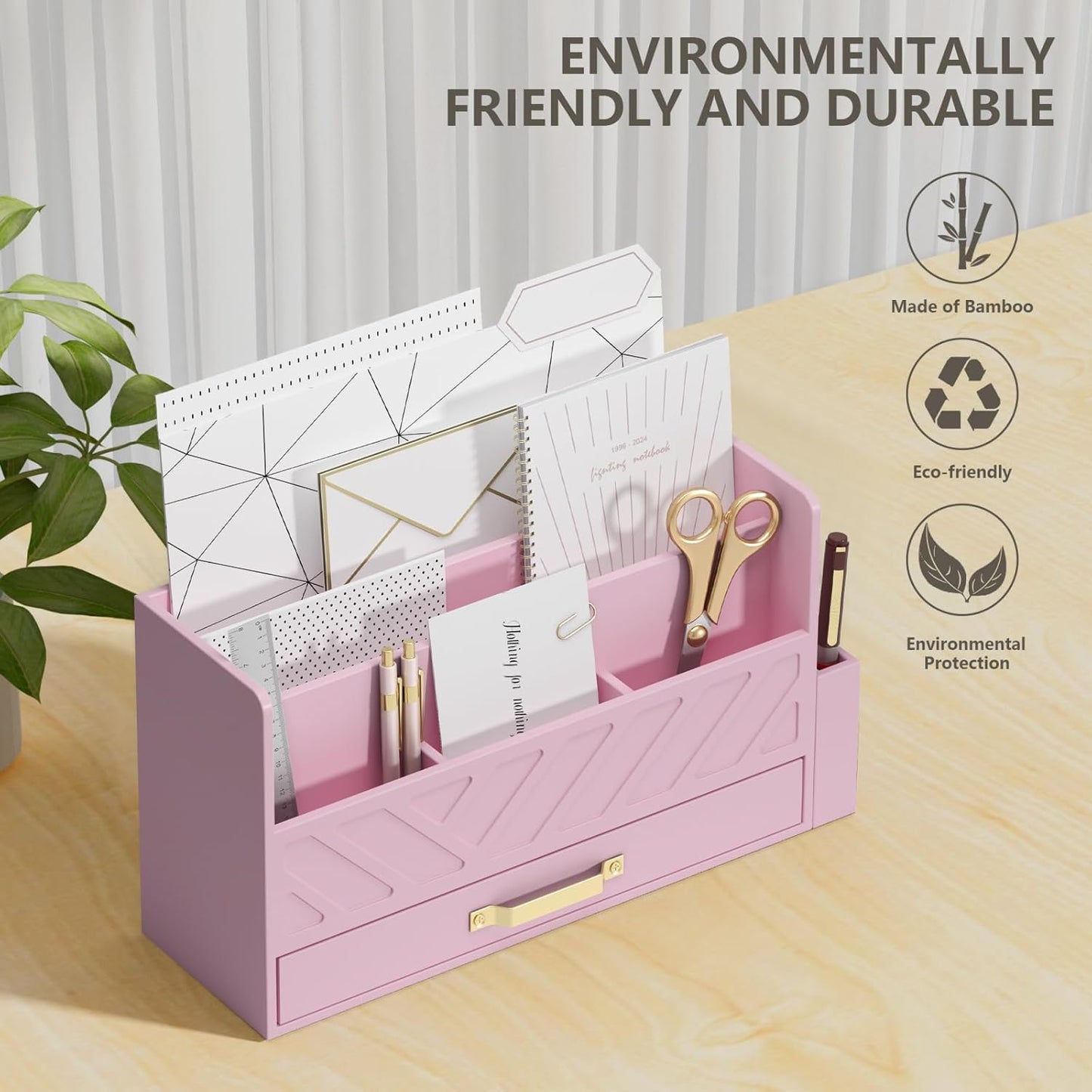 Bamboo Desk Organizer Mail Holder Countertop Wood Desk Drawer Tabletop Storage Box Pen Holder Letter Sorter Makeup Organizer for School Home Office Supplies with Pen Holder Pink