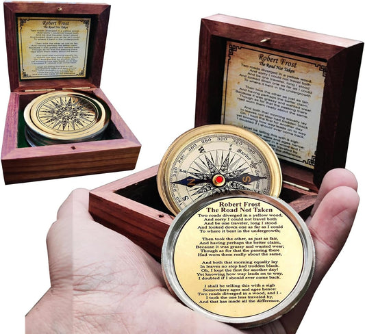Antiqued Brass Robert Frost Poem Compass with Wooden Box, Inspirational Gifts for Woman, Aniversity Gifts for Men,Engraved Compass,Wedding for Boys, Pocket Compass for Hiking Survival