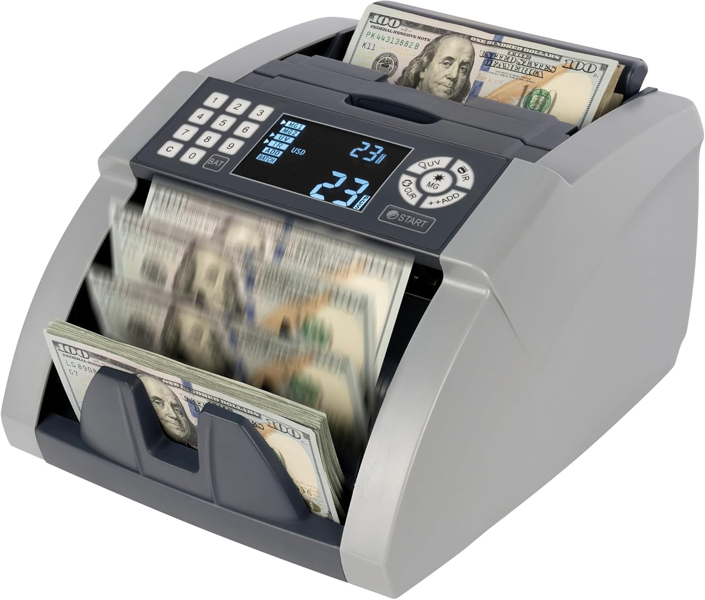 Perco Bill Counter and Counterfeit Detector Machine – Money Counter Machine with UV/MG1/MG2/IR, Voice Alerts, Keypad, Add & Batch Modes, Volume Control, Multi-Currency (USD/EUR/INR), LCD Display